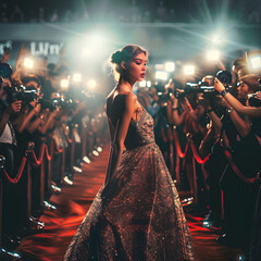 A Celebrity's Moment in the Spotlight at a Glamorous Red Carpet Event Surrounded by Flashing Cameras and Cheering Fans