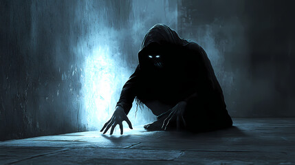 A shadowy figure crouching on the ground, their glowing hands reaching for something unseen. Wraithlike. Illustration