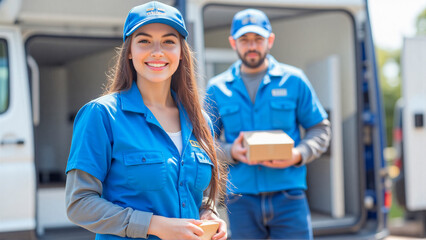 Delivery Service Professionals: Happy smiling delivery woman and man in blue uniform holding package in front of van. Ready for delivery concept.