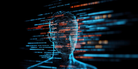 glowing digital figure surrounded by data streams and overlays