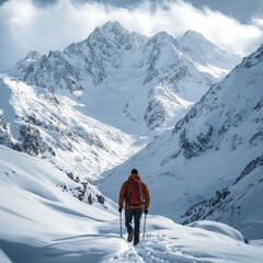 Solo Hiker in Snowy Mountains