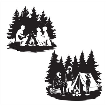 recommend clip art: set of vector camping tent, tent icon, camping silhouettes collection, People camping scene, Landscape - camping in mountains silhouettes