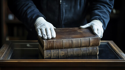  A bookbinder placing a finished leather-bound book into a display case (3)