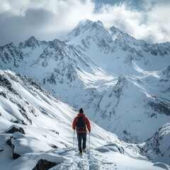 Solo Hiker in Snowy Mountains