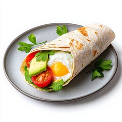 A scrumptious breakfast burrito with avocado, displayed on a plate, isolated on a clear background.
