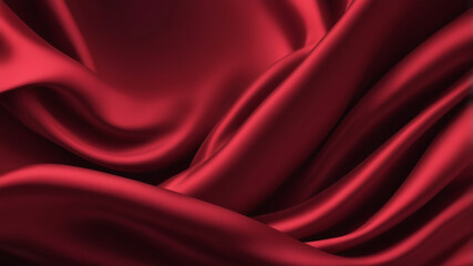 Vibrant crimson silk fabric with bold folds, creating striking contrasts of light and shadow, exuding passion and elegance with a smooth, shiny texture.