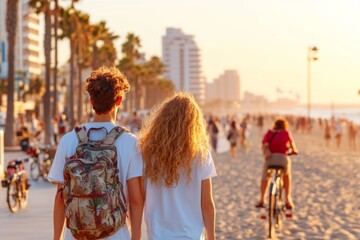 Obraz premium A young couple walking along the Tel Aviv promenade, with bicycles and beachgoers in the background