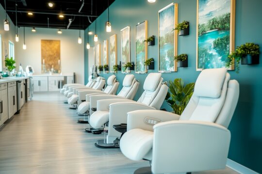 An infusion room with patients seated comfortably in recliners, all connected to IV drips