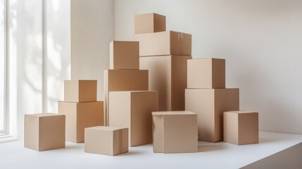 Obraz premium Stacked cardboard boxes of various sizes on a white surface near a window.