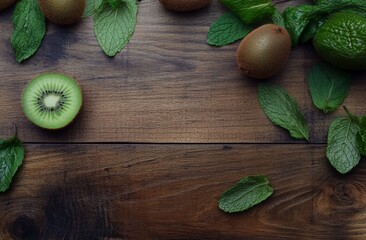 Wooden table with fresh herbs and kiwi fruit slices