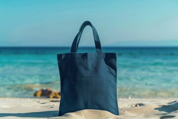 Blue Canvas Tote Bag Mockup in a Beach