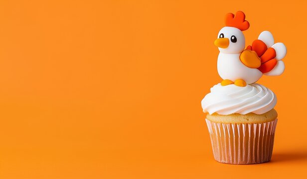 Thanksgiving turkey cupcake with an orange backdrop and room for text.