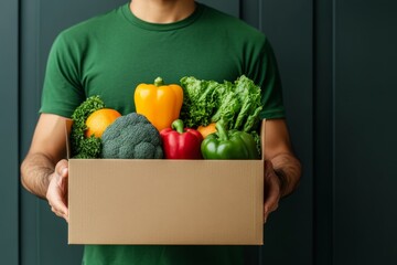A young man receives a box with a set of fresh vegetables, fruits and organic products from a delivery service. On the background of the door of a modern house. 