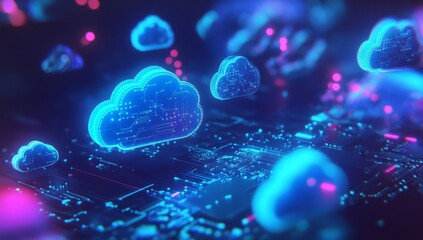 Fototapeta premium Glowing cloud icons float above a circuit board, representing cloud computing.