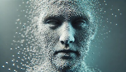 artistic digital visualization of the dissolving human face composed of three-dimensional cubes. Deep learning, Artificial intelligence.