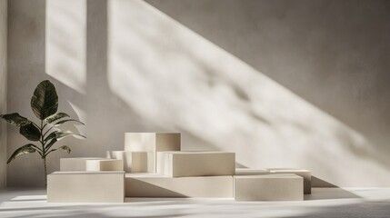 Minimalist beige room interior with wooden display platforms and plant.