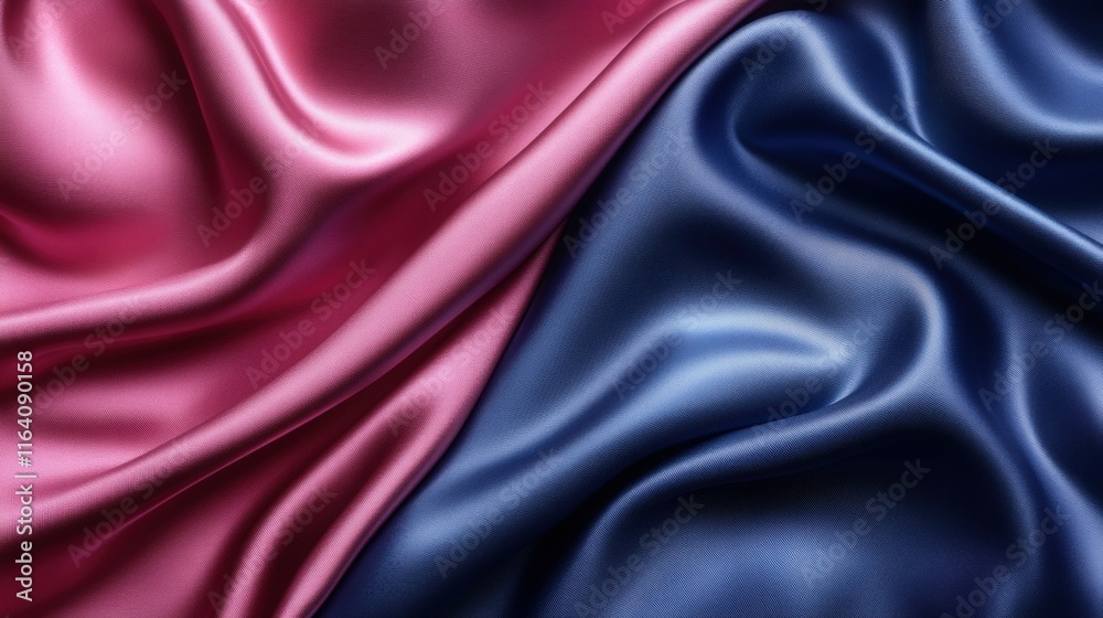 Poster a close-up of flowing satin fabric in pink and navy, showcasing texture and color contrast.