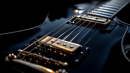 Fototapeta premium Acoustic guitar on a dark wooden background. Close up.