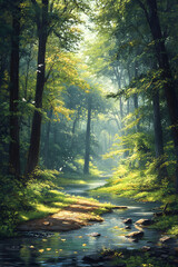 Fototapeta premium Nature's Tranquil Canopy: A Serene River Journey Through a Verdant Forest's Whispering Trees and Dancing Light