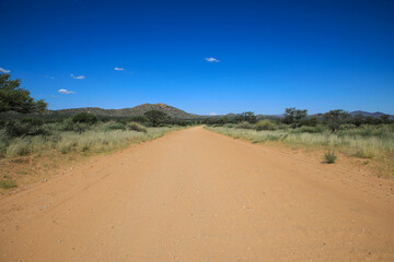 Endless and sandy gravel road through the desert in the beautiful Kalahari National Park. Tourism and vacation concept. Namibia, Africa.