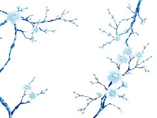 Chinese floral porcelain pattern featuring intricate designs of blooming flowers and delicate branches in shades of blue and white, branches, chinese, ai