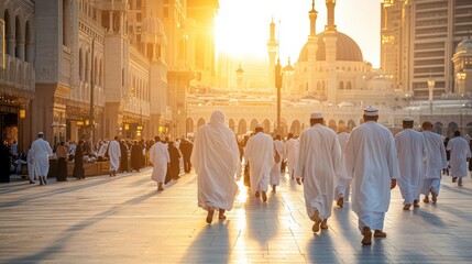 Serene Evening Pilgrimage in Mecca: Worshippers Walking Towards the Grand Mosque at Sunset, Illuminated by Golden Light and Creating a Spiritual Atmosphere