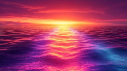 Fototapeta premium Vibrant sunset reflecting on calm ocean water, creating a colorful path.