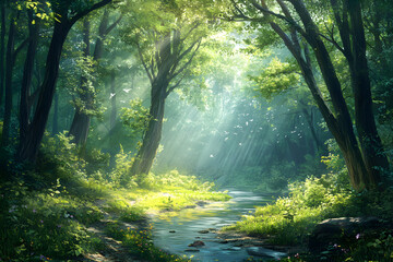 Obraz premium Nature's Tranquil Canopy: A Serene River Journey Through a Verdant Forest's Whispering Trees and Dancing Light