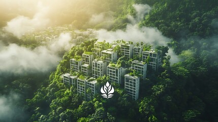 A green forest with white buildings, solar panels, and a leaf logo, earth day concept