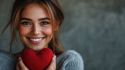 Smiling woman holding heart indoor setting portrait natural light love concept