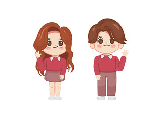 Valentines day cute couple kawaii chibi character design. illustration vector premium.