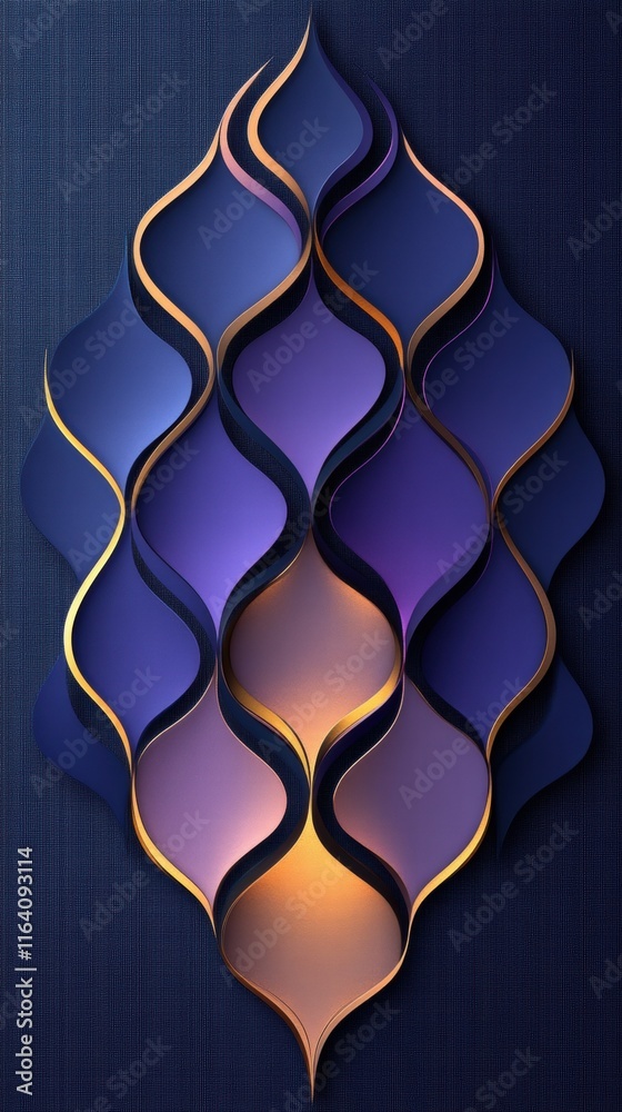 Poster a stylized abstract design featuring flowing shapes in purple and gold tones on a dark background.