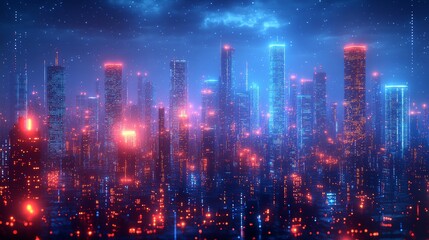 Fototapeta premium Futuristic cityscape at night with vibrant red and blue neon lights.