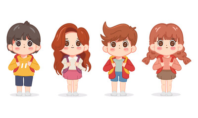 Group portrait of smiling teenage boys and girls or school friends standing together, embracing each other, waving hands. Happy students isolated on white background. Flat cartoon vector illustration.