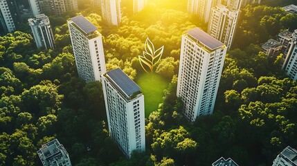 A green forest with white buildings, solar panels, and a leaf logo, earth day concept