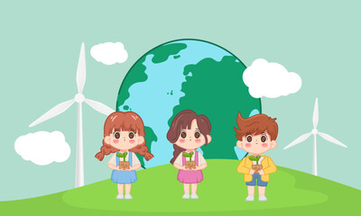 Cute little boy and girl planting the tree seedlings. ESG save world concept.