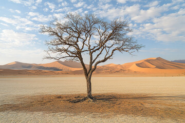 Fototapeta premium Lone tree stands resilient in arid desert landscape with rolling sand dunes and dramatic sky