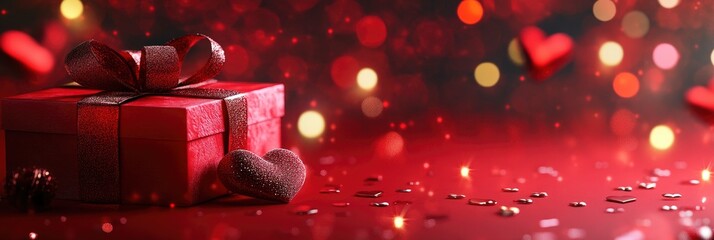 Festive concept with gift box and hearts on red background with bokeh. Valentine's day background. 3D render. Large Copy space.