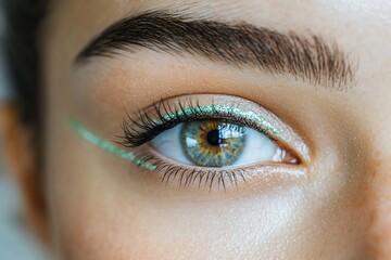 Obraz premium Close-up of a woman's eye with green eyeliner.