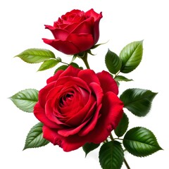 Naklejka premium Vibrant Red Roses with Green Leaves Against a Plain White Background
