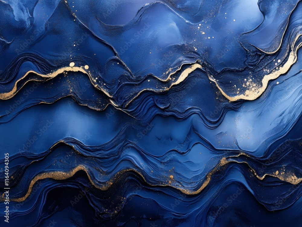 Poster abstract blue and gold waves create a textured, flowing design, evoking depth and elegance.