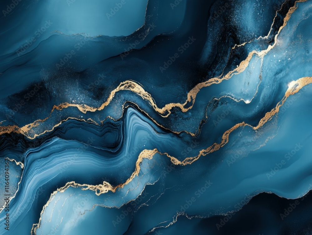 Poster abstract blue and gold fluid art with swirling patterns and textures.