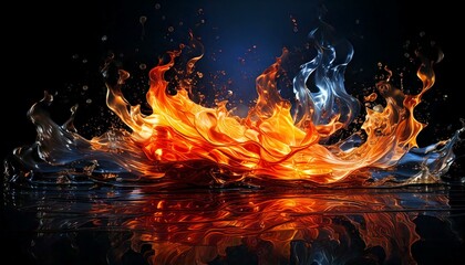 Red and golden fractal flames on a reflective vantablack surface, cinematic ocean bioluminescence