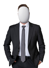 Man in suit and tie with blank oval-shaped face mask, isolated on white background. Concept of anonymity, identity, or recognition. Mesh mask concept unrecognizable concept.