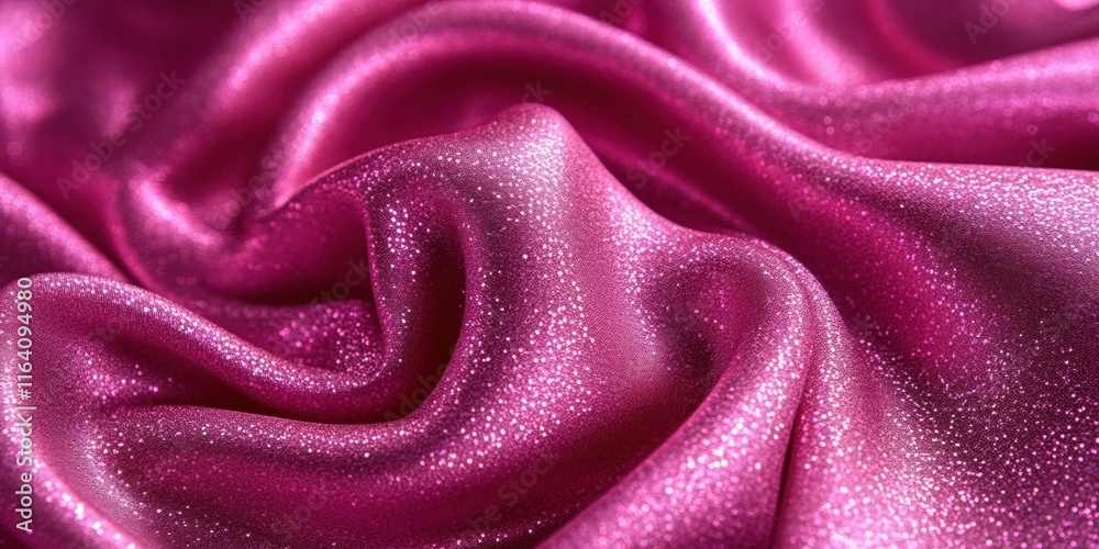 Poster a close-up of shimmering pink satin fabric, showcasing its smooth texture and sparkle.