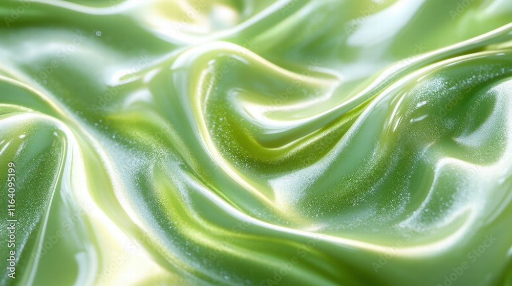 Poster a close-up of smooth, shiny green fabric or material with soft waves and a glossy finish.