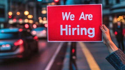 Person Holding a Red Sign with the Text "We Are Hiring" Amidst Busy Urban Traffic During the Evening, Signaling Job Opportunities in a Modern City Environment