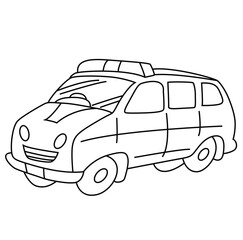 Cute cartoon hand drawn vector taxi car coloring page.