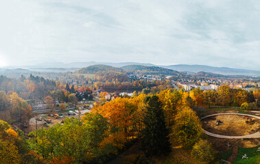 Naklejka premium Golden leaves bridge the wild and urban, capturing the magic of autumn as forests and cities blend into a vibrant, seasonal masterpiece.