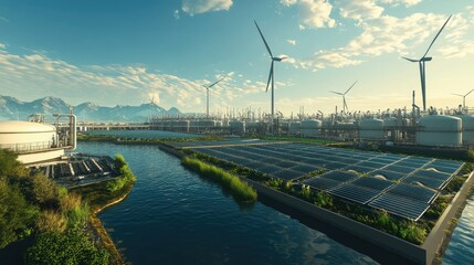A massive electrolysis plant producing hydrogen from water, with solar panels and wind turbines nearby